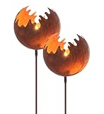 Metall Gartenstecker Naturrost Feuerball - 2er Set/groß - Rost Windlicht mit Erdspieß ca. 98 x Ø 15 cm - Garten Deko Kerzen Halter Feuerkugel