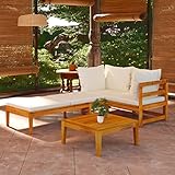 ZEYUAN 3-TLG. Garten-Lounge-Set mit Cremeweißen Kissen, Gartenlounge, Balkon Möbel, Terrassenmöbel, Lounge Gartenmöbel Set, Loungemöbel Terrasse, Balkon Lounge Set, Massivholz Akazie