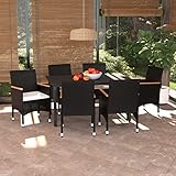 JUNZAI 7-TLG. Garten-Essgruppe mit Kissen, Gartentisch Mit Stühlen Set, Gartenmöbel Set, Sitzgarnitur Garten, Gartensitzgruppe, Lounge Möbel Outdoor, Garten Möbelsets, Poly Rattan Schwarz