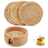 Rattan-Untersetzer Set mit 6 handgefertigten gewebten Becheruntersetzern mit Halter, runde natürliche Rattan-Tassenmatten für Getränke, Teetassen, Tischsets, gewebte Bechermatte