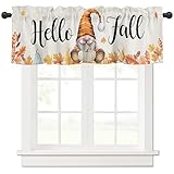 Hello Fall Gnomes Vorhang Volant für Fenster/Wohnzimmer/Küche/Badezimmer, Erntedankfest, Orange, Weiß, Blau, Kürbis, Ahornblatt, Aquarell, kurze halbe Stange, Taschenvorhang, Fensterbehandlungs-Panel,