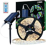 Lumtang Solar LED Streifen Außen, 5m LED Strip IP67 Wasserdichter, 280 LEDs Dimmbare Lichtleisten mit Fernbedienung, Warmweißes LED Lichter für Gartenbäume Zuhause Weihnachten Urlaub Terrasse Party