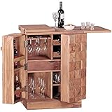 FineBuy Hausbar Lucca Akazie Massivholz 65x91x50 cm Weinbar ausklappbar | Kleine Bar modern | Barschrank mit Türen | Spirituosenschrank mit Aufbewahrung für Flaschen und Gläser