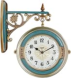 JIBELL Uhr Doppelseitige Wanduhr Schmiedeeisen, Metall, zwei Gesichter Retro Bahnhofsuhr Antike Hängeuhren für Garten Heimdekoration (Farbe: Blau1)