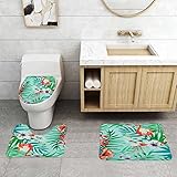 BOMEKS Badmatten-Set 3-Teilig Atmungsaktiv rutschfest,Flamingo -Grüne Bgcolor,Badematte + Sockelmatte + Toilettensitzbezug Matte Dreiteilige