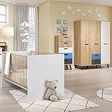 Babyzimmer Set, mit höhenverstellbaren Babybett weiß, Kommode und Kleiderschrank 3 türig in weiß, Graphit und Buche + wahlweise blau oder rosa