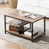 SHOCOKO SOCOKO Industrieller Couchtisch, moderner zentraler Tisch mit offenem Ablagefach für das Wohnzimmer, Holztischplatte und Metallgestell, rustikales Braun