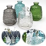 LS-LebenStil 4X Retro Glas-Vase 11x8cm Set Deko Tisch-Vase Blumenvase Mini Väschen Flaschen