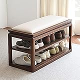 Schuhbank im Chinesischen Stil,Premium Massivholz Schuhregal Bank Schuhorganisator Aufbewahrung,Bequeme Eingangsbank Sitzbank Mit 2-stufigem Holzschuhregal-B(Kunstleder) 50x45x35cm(20x18x14i