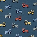 Meterware, Stoffe zum Nähen für Kinder, 95% Baumwolle: 0,5m Jersey Stoff mit bunte Traktoren auf blau petrol - Jungen Kinderstoff mit Bauernhof Fahrzeuge