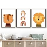 Kinderzimmer-Druck 3-Teilig Abstrakt Regenbogen-Löwe Tiger Kinderzimmer Wandkunst Poster Drucke Nordische Leinwandmalerei Tiere Bilder Kinderzimmer Zimmer Dekoration-40*50Cm/16*20 Zoll (Ungerahmt)