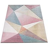 Amazon Brand - Umi Teppich Wohnzimmer Kurzflor Modern in Bunten Pastellfarben mit Geometrischem Dreieck Muster, Farbe:Mehrfarbig, Größe:160x220 cm