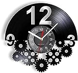 Runde Wanduhr für Büro, Schule, Zuhause, Küche, Wohnzimmer, Zahnräder und Zahnräder, Wandkunst, Steampunk-Ornamente, Dekor, Vinyl-Schallplatten-Wanduhr für Radfahrer, Fahrradfan, Zahnräder, Retro-Uhr