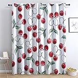 THYUNQ Vorhänge Kirschen Motiv, Vorhang Blickdicht Verdunklungsvorhänge mit Ösen - Gardinen Wohnzimmer Schlafzimmer Fenster, 2er Set Curtains, H 200 x B 140 cm