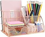 MORIGEM Schreibtisch Organizer, Büro Organizer in Roségold mit Briefablage, Stifthalter, Unterlagen Organizer und Schublade, aus Metall für Büro, Schule und Haushalt