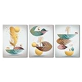WoLWEs Kunstbild 3-Teilig Moderne Abstrakte Goldene Blätter und Federn Leinwandgemälde Wandkunst Bild Poster Druck Tapete Wohnzimmer Dekoration-40 * 50Cm/16 * 20 Zoll (Kein Rahmen)