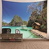 Wandtuch, Wandbehang Tuch Grün Blau Polyester Boot See Berg Himmel Wandteppich 150x130cm (59' x 51') Deko Wand Geschenk