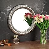 WPAJIRZO Dekorative Wandspiegel - Wandbehang Spiegel Rund 37cm - Deko Spiegel Tablett - Wandspiegel mit Metallrahmen für Wohnzimmer Badezimmer Schlafzimmer Flur - Orient-Stil Silber