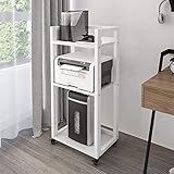 PUNCIA Druckertisch höhenverstellbar 3-stöckiger Aktenvernichterständer mit Rollen Mobiler Druckerständer aus Holz & Metall Organizer Lagerregal weiß für Büro Zuhause Office Küche