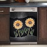 WOWFEEL Farmhouse Sonnenblume Magnet Geschirrspüler Abdeckung für die Vorderseite, Vintage Landhausstil Kühlschrankmagnete Abdeckung, Sonnenblume Home Vinyl Magnetische Geräteaufkleber, 58,4 x 66 cm