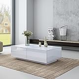 Senvoziii Couchtisch für Wohnzimmer, Moderner Beistelltisch aus Holz, Weiß Hochglanz Kaffee Tee Tisch mit 4 Schubladen zur Aufbewahrung für Home Office Möbel