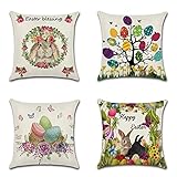 Cekog Bunter Eierhase wasserdichte Kissenbezugen,4 Stück 35x35cm Dekorative Outdoor Kissen Wasserfest Atmungsaktiv Doppelseitige Leinen Kissenbezüge für Garten Bauernhaus Wohnzimmer Schlafzimmer