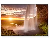 Paul Sinus Art Leinwandbilder | Bilder Leinwand 120x80cm Traumhafter Sonnenaufgang mit Wasserfall – Island