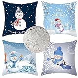 Outdoor Wasserdicht Kissenbezug 40x40cm 4er Set Sofakissen Weihnachten Dekokissen Platz Schneemann Kissenbezüge Sofa Dekorativ Kissen Leinen Kissenhülle für Garten Auto Wohnzimmer Deko Kissen Z-7046