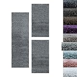 Hochflor Shaggy Set Teppich Bettumrandung Läufer Läuferset Weich 3 Teile, Farbe:Hellgrau, Bettset:2 mal 60x110 + 1 mal 80x250