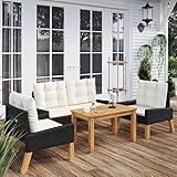 ZEYUAN 4-TLG. Garten-Lounge-Set mit Kissen, Balkonmöbel, Gartenmöbel Set, Gartenlounge, Garten Loungemöbel Set, Balkon Möbel, Sitzgruppe, Sitzecke Garten, Poly Rattan&Massivholz