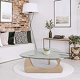 Tisch Dreieckiger Couchtisch aus Glas Vintage-Glas-Beistelltisch, Massivholzsockel und Dreieck-Klarglasplatte Moderner Beistelltisch für Wohnzimmer, Terrasse, Arbeitszimmer, Nussbaum