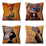 Schöne afrikanische Frau wasserdichte Kissenbezugen,4 Stück 35x35cm Dekorative Outdoor Kissen Wasserfest Atmungsaktiv Doppelseitige Leinen Kissenbezüge für Garten Bauernhaus Wohnzimmer Schlafzimmer