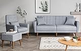 Gozos Mammo Sitzgruppe 3 Sitzer Sofa + Ottoman | Hochwertige Set besteht aus Leinenstoff | Wohnzimmermöbel Dekorative und Comfortable Sofa mit Schlaffunktion und Holzbein | Grau