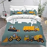 KOOKYY Bettwäsche-Sets 3D Druk Bulldozer Bettbezug 220x240 Atmungsaktive Mikrofaser Bettbezüge 3 Teilig Cartoon-Zeichnung Mit Reißverschluss Und 2 Kissenbezüge 80x80cm Für Teenager