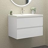 HAPAOSO Waschbecken mit Unterschrank Badezimmer 80 cm Breit Badmöbel Set mit Waschbecken und 2 Soft-Close Schubladen Waschtisch Unterschrank Weiss für Badezimmer Hängend