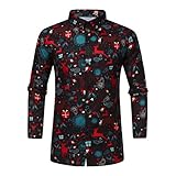Herren Weihnachtsdruck Hemd Langarm Button Down Party Kleid Shirts Herbst Winter Casual Slim Fit Tops Lustiges Kostüm, E Black, S