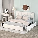 Doppelbett, Polsterbett Plattform Bett mit Vier Schubladen auf Zwei Seiten,mit Lattenrost,Bett mit Verstellbares Kopfteil (Ohne Matratzen) (Beige, 160 x 200 cm)