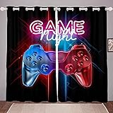 Vorhänge für Jungen, Gamer, Fenstervorhänge für Teenager, Kinder, Herren, schwarz, moderner Videospiel-Controller, Fensterbehandlungen, coole blau-rote Aktionsknöpfe, Raumdekoration, B46xL54