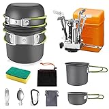 AUTOPkio Camping Kochgeschirr Set für 1-2 Personen, Outdoor Faltbare Camping Topf mit Gaskocher Picknick Geschirr Kit Leicht Aluminium Kochset für BBQ, Wandern, Kochen