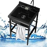 Küchenspüle Schwarz 1 Schüssel Gewerbliche freistehende Allzweckspülen Keramikspüle Edelstahlgestell mit Wasserhahn für Garage Innen- und Außenbereich Waschküche Restaurant Badezimmer (