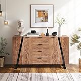 AMDXD Sideboard mit Holzmuster, Spanplatte Oberfläche Schwarzer Siebdruck, mit 2 Türen 4 Schubladen 6 Griffen, Moderne Kommode Beistellschrank Wohnzimmer Schlafzimmer, 160 * 35 * 85cm