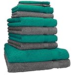 Betz Premium Frottier Handtuch-Set 10-teilig - 2X Duschtücher - 4X Handtücher - 2X Gästetücher - 2X Waschhandschuhe - Smaragd Grün & Anthrazit