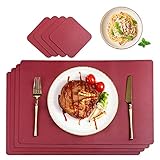 CHONLY Tischsets PU Leder 4er Sets Rot, Platzsets Abwischbar Wasserdicht Platzdecken Lederoptik 45x30cm und Glasuntersetzer Geschenke Kiste für Hause Küche Restaurant Hotel