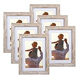 EXYGLO 6er-Set Rustikale Bilderrahmen 10x15 cm mit Natur-Holzmaserung für 15x10 Fotos mit Passepartouts oder 13x18 ohne Passepartouts, Wand- oder Tischaufsteller