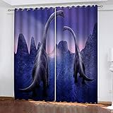WIRMEC Blickdichte Gardinen Wohnzimmer - 2Er Set Ösenvorhang für Schlafzimmer Kinderzimmer Küchengardinen H 210 X B 220 cm Modern 3D Lila Tierischer Dinosaurier Muster Thermo Vorhänge Verdunkelung