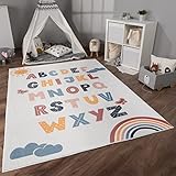 Paco Home Teppich Kinderzimmer Kinderteppich Spielteppich Kurzflor rutschfest Krone Herzen Punkte Sonne Regenbogen Buchstaben, Grösse:160x220 cm, Farbe:Bunt