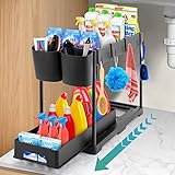 Onlyesh Unter Waschbecken Regal, Spülschrank Organizer mit 4 Haken & 2 Tasse, 2 EtagenUnder Sink Organizer, für Küche, Waschbecken, Bädern, Schrank, Schwarz