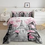 Paris Bettbezug-Set, französischer Eiffelturm, für Mädchen, Kinder, Frauen, Paris-Thema, Schlafzimmer, Dekoration, Aquarell, Kirschblüten, Tröster-Pärchen, Retro, grau, gesteppt, Rosa, Grau, 3-teilig