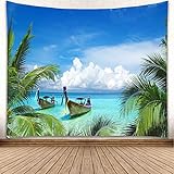 YISURE Tropischer Ozean Strand Wandteppich, Palme Kokosnuss Blatt Meer Boot Wandteppich Wandbehang für Wohnzimmer Wohnheim Heimdekoration, 150x130cm