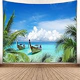 YISURE Tropischer Ozean Strand Wandteppich, Palme Kokosnuss Blatt Meer Boot Wandteppich Wandbehang für Wohnzimmer Wohnheim Heimdekoration, 150x130cm